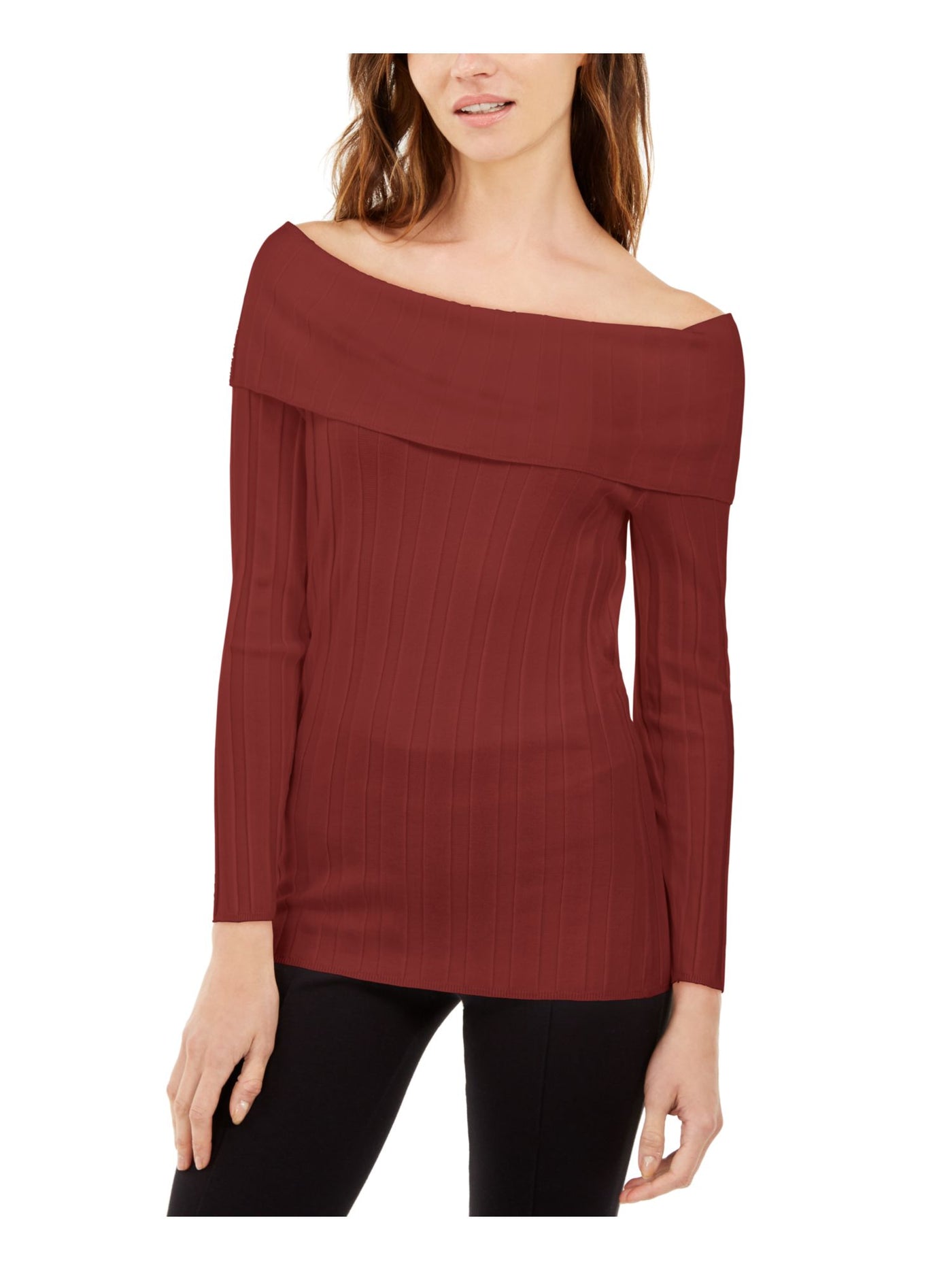 INC Womens Maroon Textured Pinstripe Long Sleeve Boat Neck Sweater L