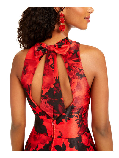 CITY STUDIO Womens Red Cut Out Ruffled Printed Sleeveless V Neck Short Party Fit + Flare Dress 3