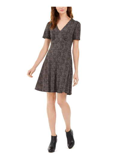 MICHAEL MICHAEL KORS Womens Gray Stretch Zippered Animal Print Short Sleeve V Neck Above The Knee A-Line Dress Petites PL