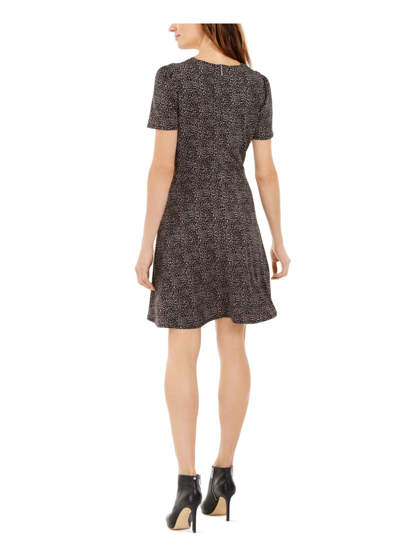 MICHAEL MICHAEL KORS Womens Gray Stretch Zippered Animal Print Short Sleeve V Neck Above The Knee A-Line Dress Petites PL