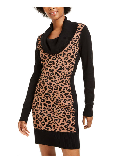 BCX Womens Black Animal Print Long Sleeve Cowl Neck Short Shift Dress M