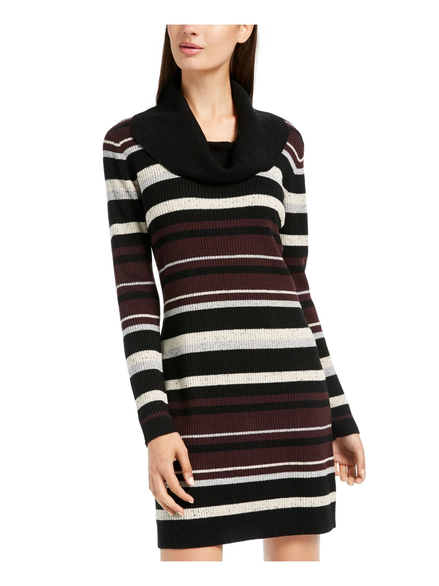 BCX Womens Black Striped Long Sleeve Mock Above The Knee Sheath Dress S