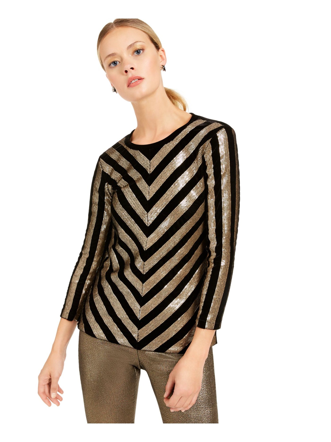 INC Womens Black Chevron Long Sleeve Evening Top Petites Size: PS