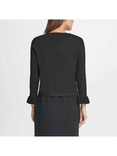 DKNY Womens Black Ruffled Sleeve Long Sleeve Open Cardigan Sweater L