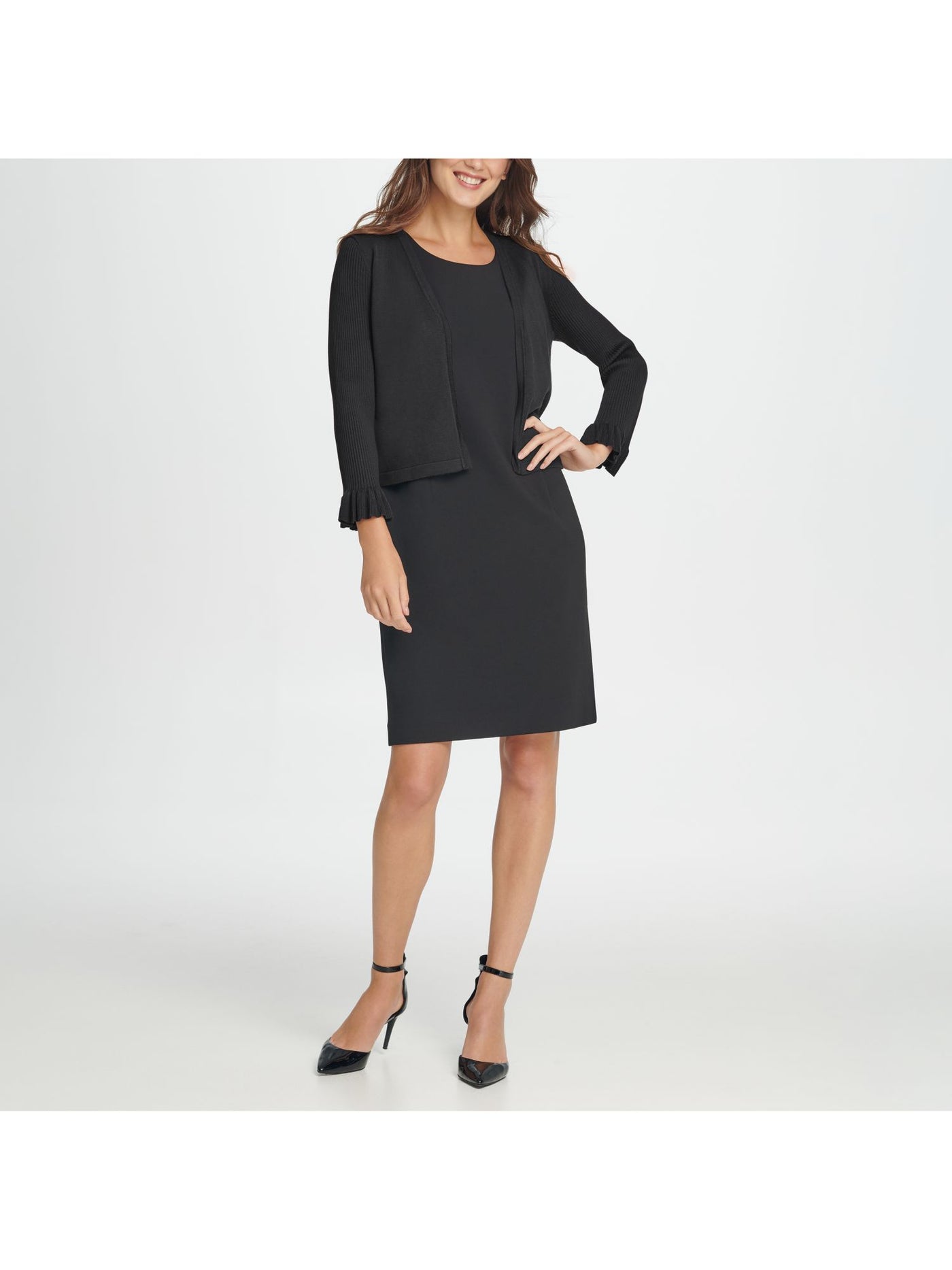 DKNY Womens Black Ruffled Sleeve Long Sleeve Open Cardigan Sweater L