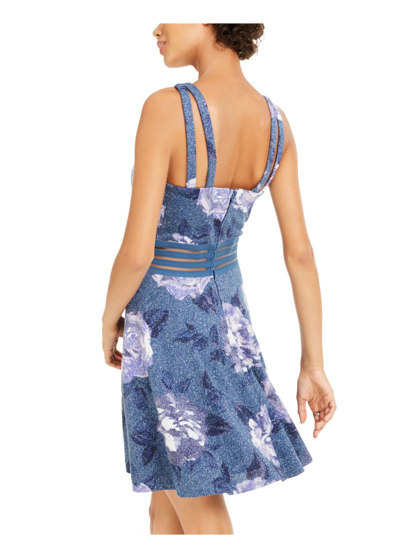 CITY STUDIO Womens Navy Glitter Sheer Printed Sleeveless Halter Mini Party Fit + Flare Dress 15