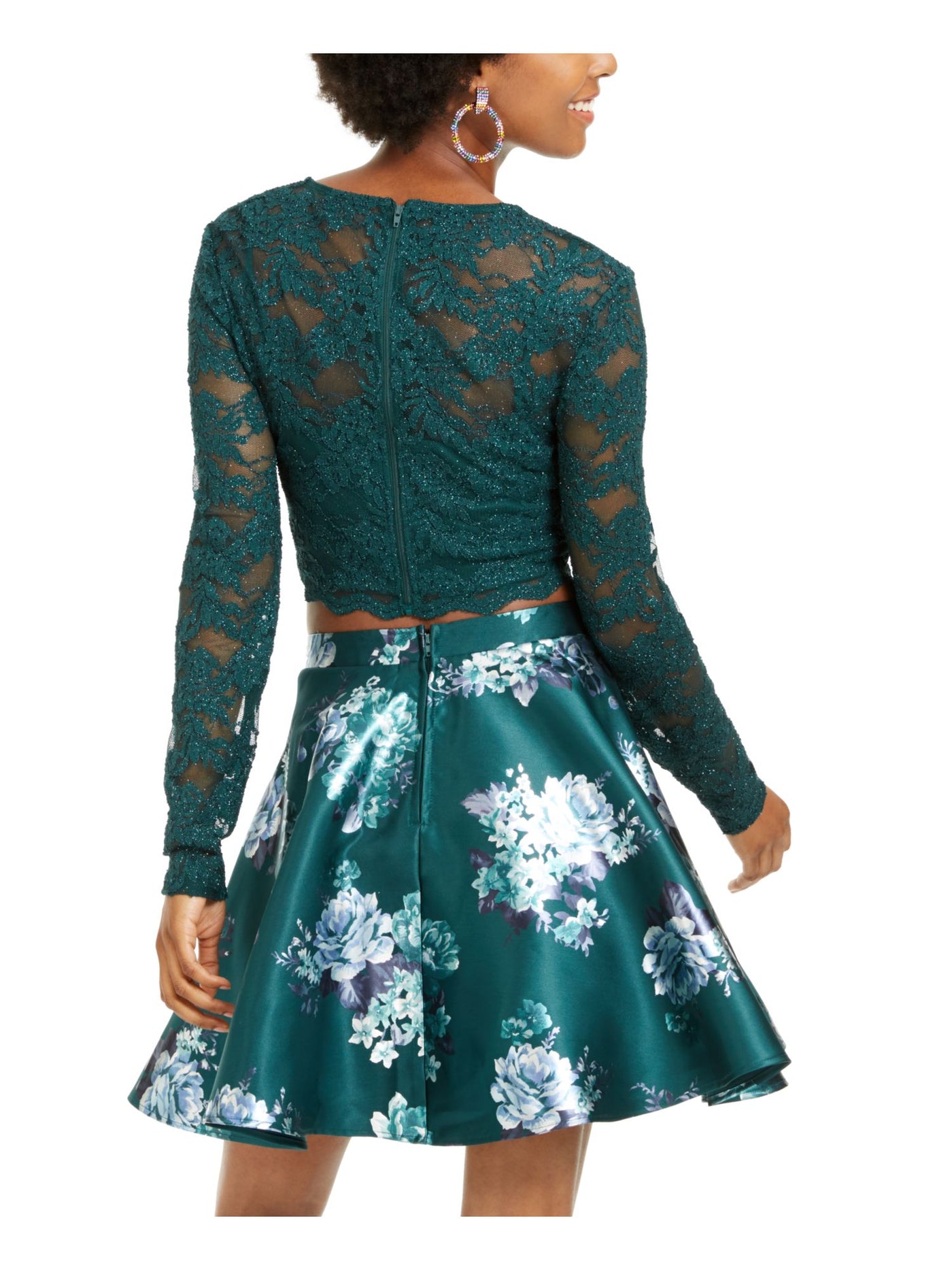 CITY STUDIO Womens Green Glitter Floral Long Sleeve Crew Neck Above The Knee Party Fit + Flare Dress 1