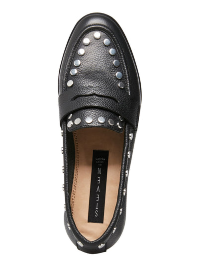 STEVEN Womens Black Penny Loafer Studded Cushioned Ample Round Toe Block Heel Slip On Leather Loafers Shoes 5.5 M