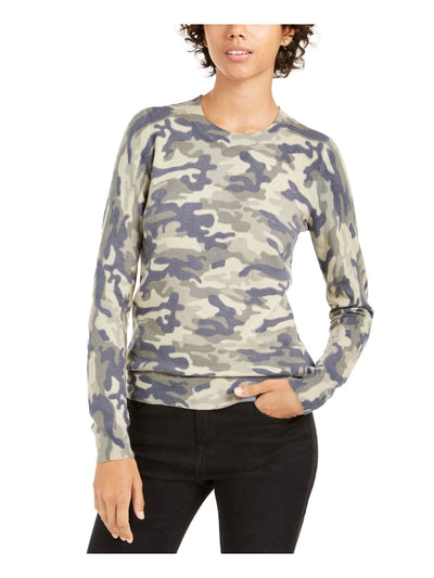 PLANET GOLD Womens Green Camouflage Long Sleeve Crew Neck Sweater L