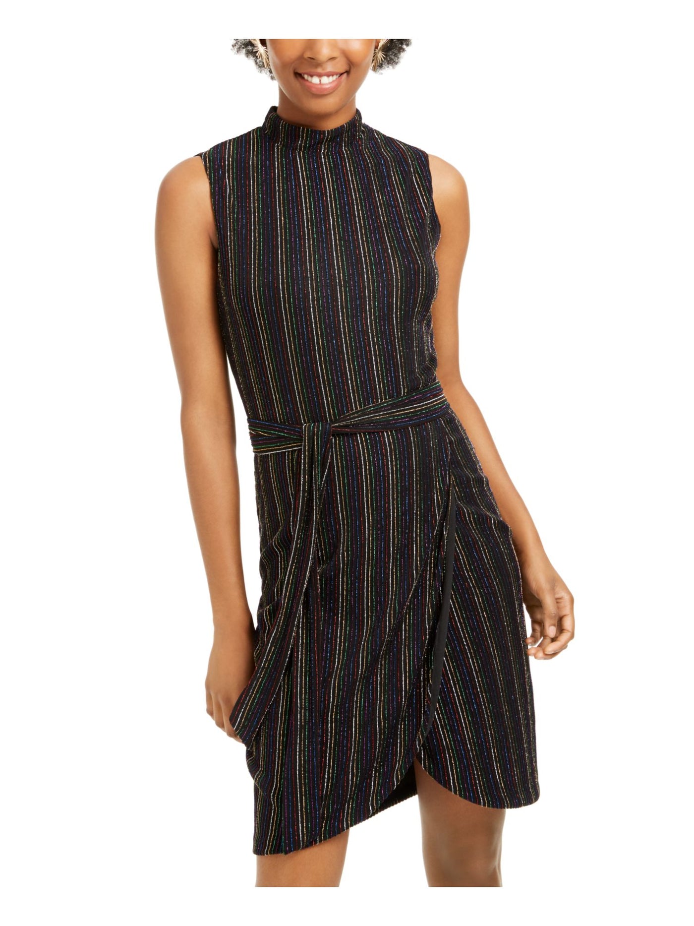 CITY STUDIO Womens Black Pinstripe Sleeveless Turtle Neck Above The Knee Cocktail Sheath Dress XS