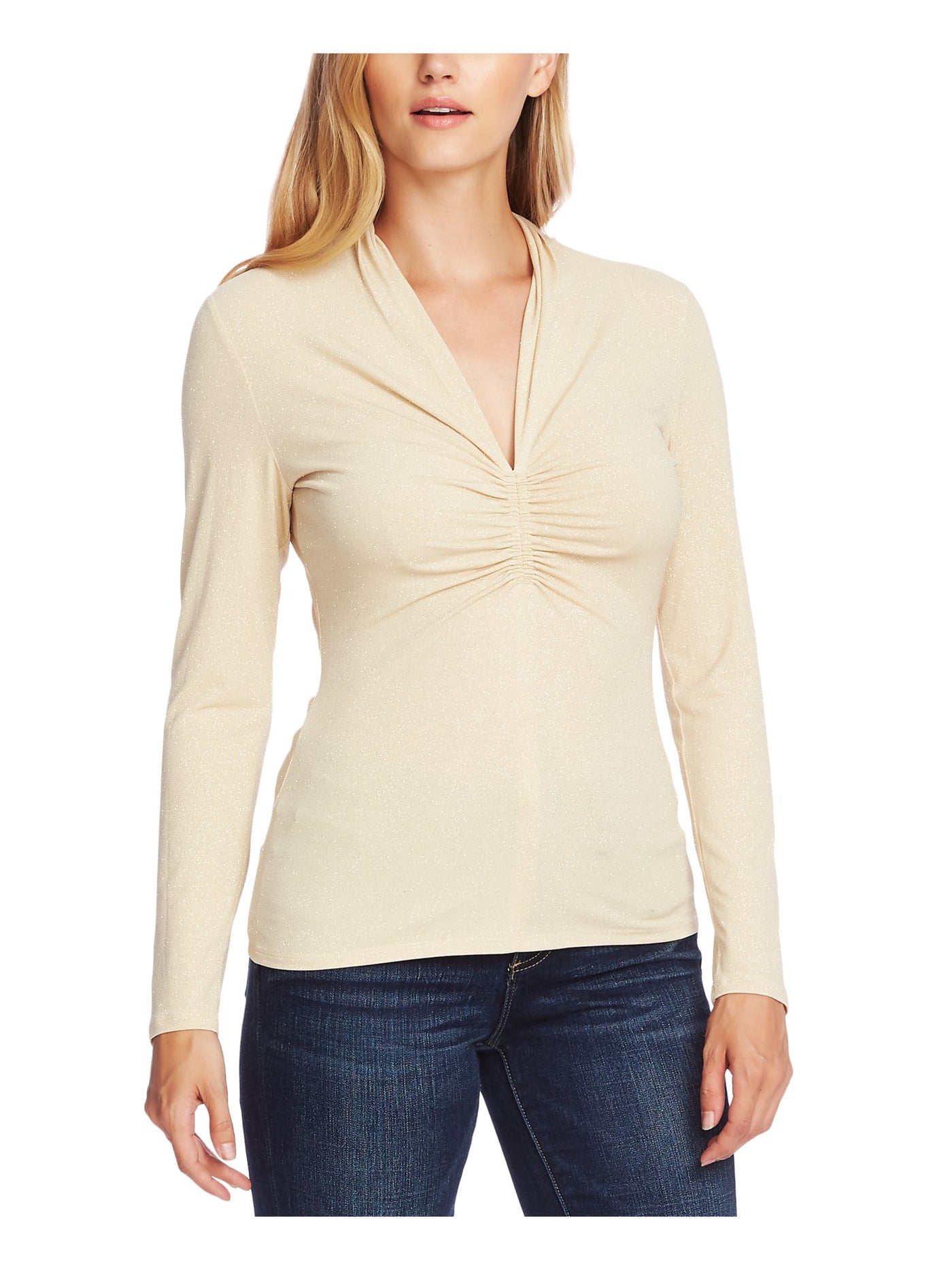 VINCE CAMUTO Womens Gold Ruched Long Sleeve V Neck Top Plus 1X