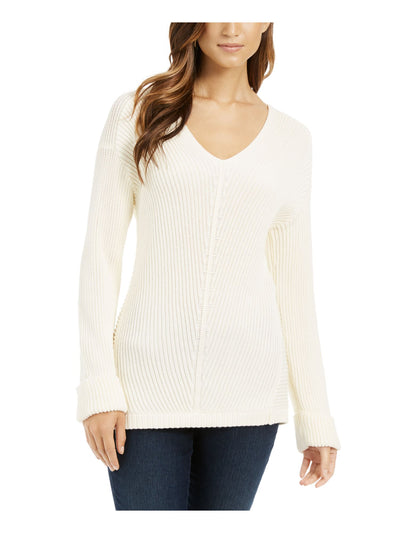 CHARTER CLUB Womens Ivory Textured Long Sleeve V Neck T-Shirt S