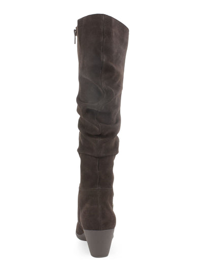 CLIFFS BY WHITE MOUNTAIN Womens Brown Stretch Gore Button Accent Ruched Averie Round Toe Block Heel Zip-Up Leather Boots Shoes 5.5 M