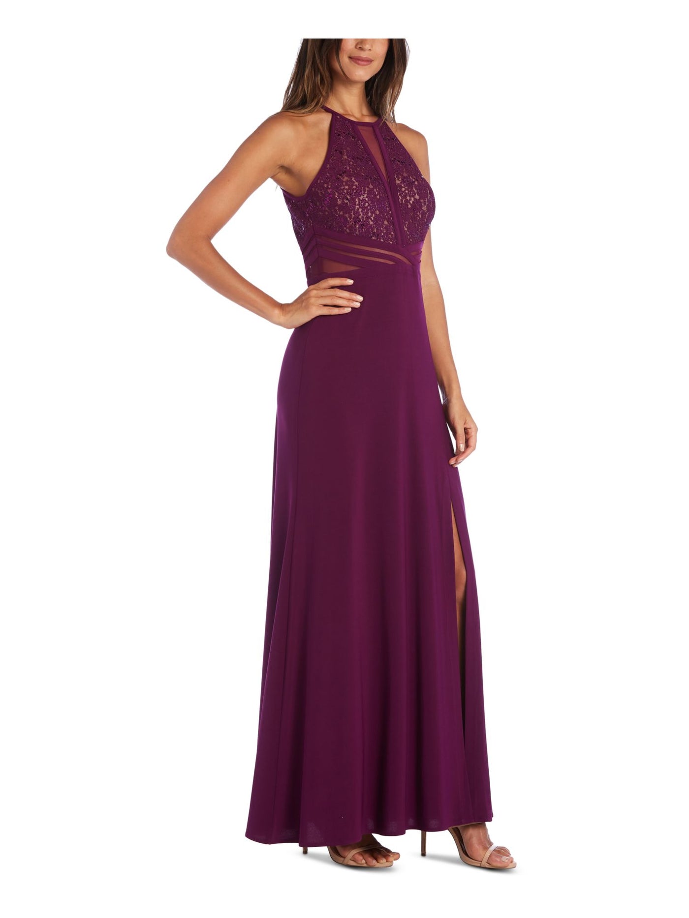 MORGAN & CO Womens Purple Glitter Slitted Sleeveless Halter Full-Length Formal Pleated Dress 1