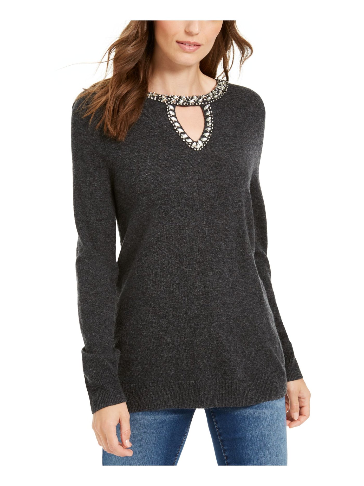 INC Womens Gray Embellished Heather Long Sleeve Keyhole Sweater L