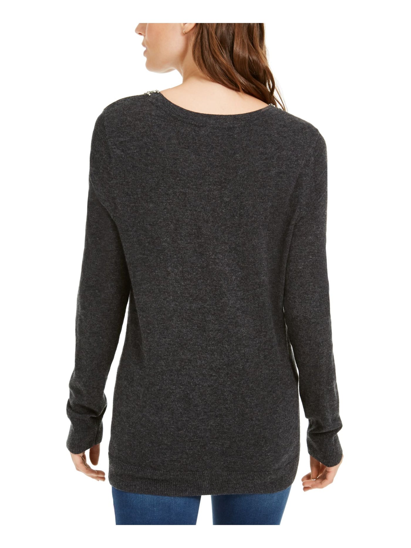 INC Womens Gray Embellished Heather Long Sleeve Keyhole Sweater L