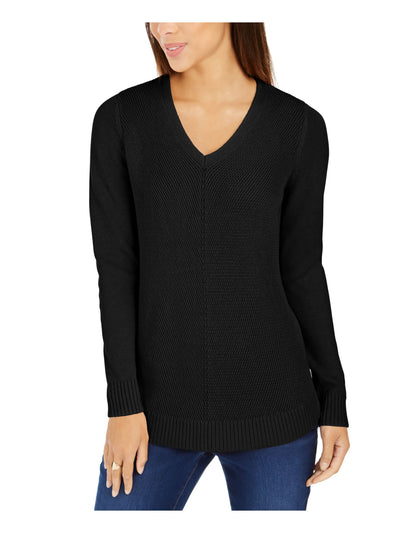 CHARTER CLUB Womens Black Ribbed Long Sleeve V Neck T-Shirt Petites PP