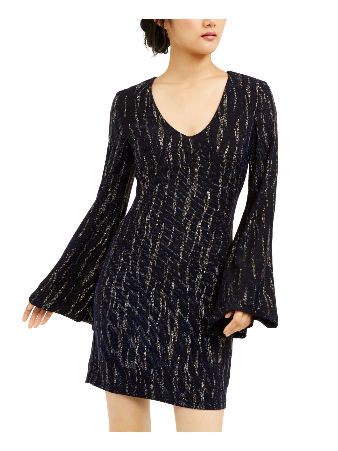 CITY STUDIO Womens Blue Sequined Glitter Bell Sleeve V Neck Short Formal Body Con Dress Juniors XXS