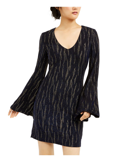 CITY STUDIO Womens Blue Sequined Glitter Bell Sleeve V Neck Short Formal Body Con Dress Juniors XXS