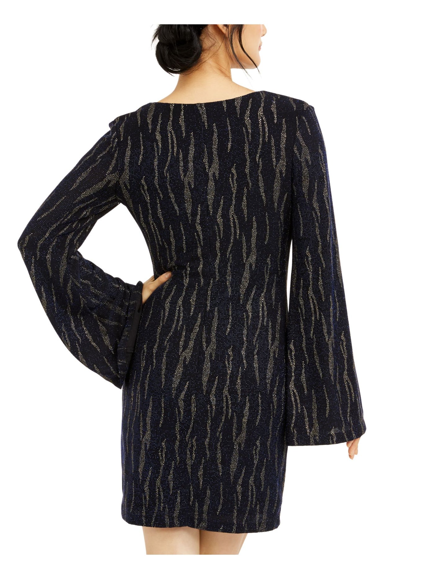 CITY STUDIO Womens Blue Sequined Glitter Bell Sleeve V Neck Short Formal Body Con Dress Juniors XXS