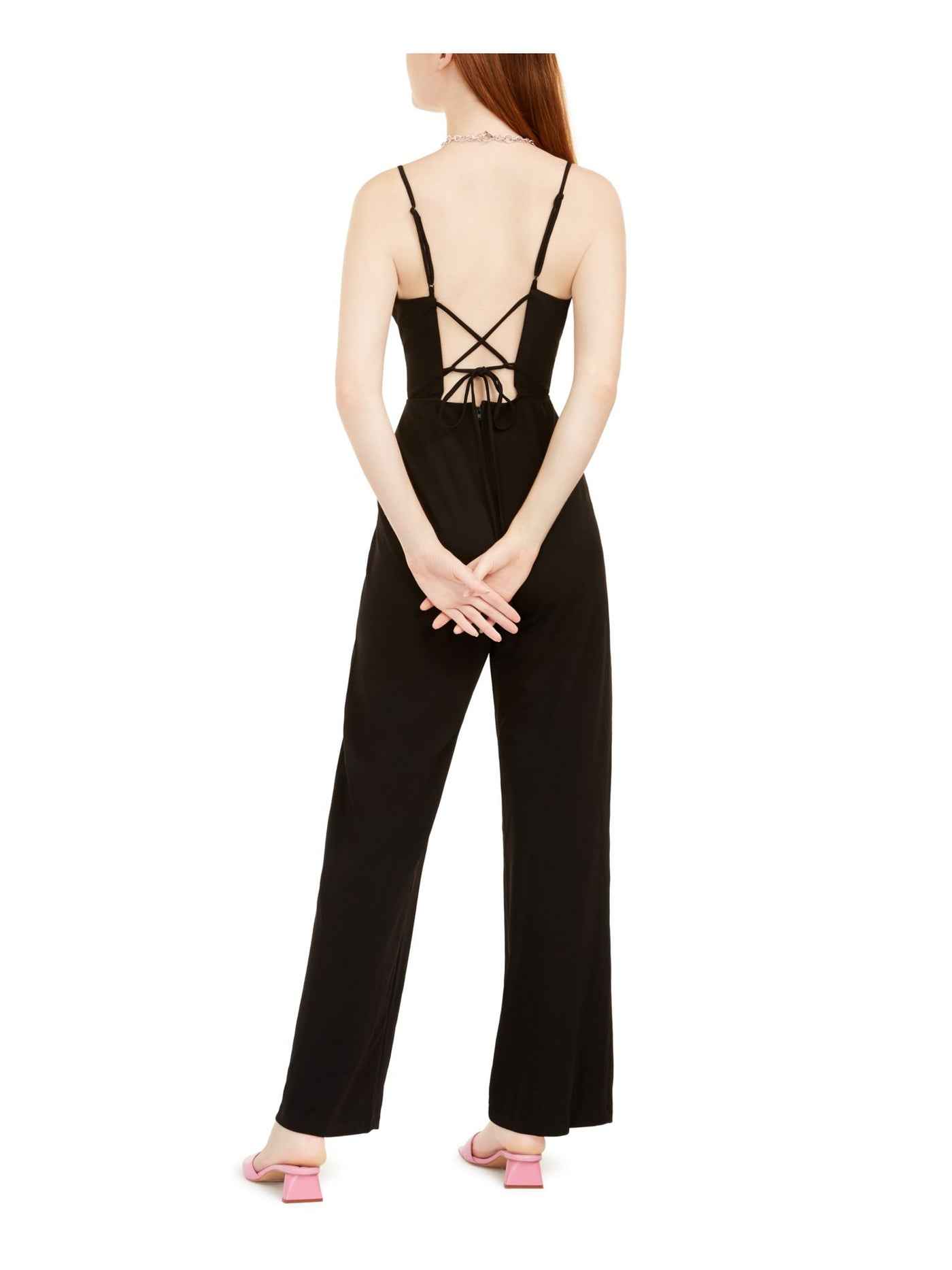 TEEZE ME Womens Black Spaghetti Strap Scoop Neck Wide Leg Jumpsuit 5\6