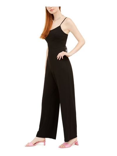 TEEZE ME Womens Black Zippered Spaghetti Strap Scoop Neck Wide Leg Jumpsuit 1\2