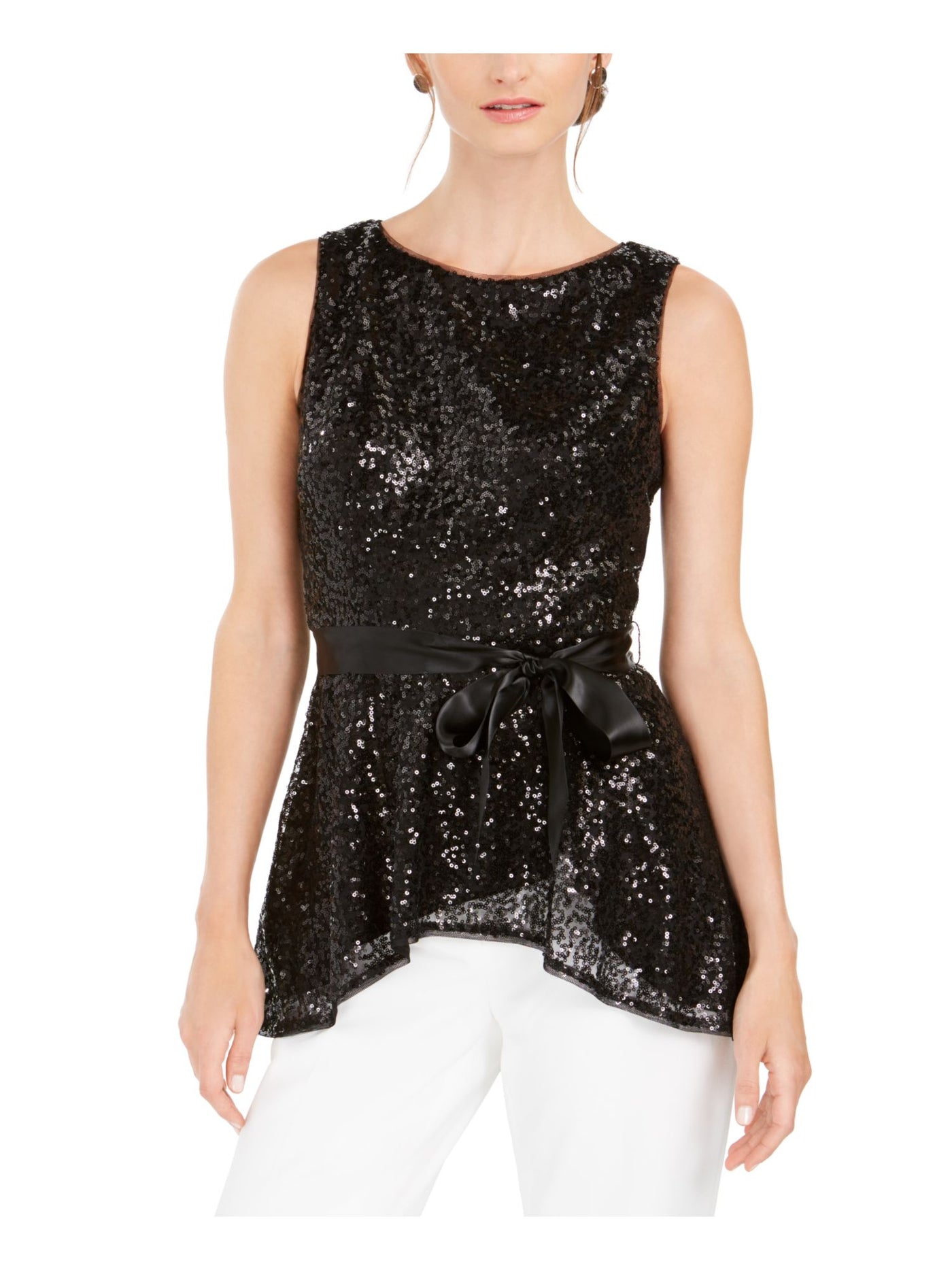 ADRIANNA PAPELL Womens Black Sequined Tie Sleeveless Jewel Neck Peplum Top 0