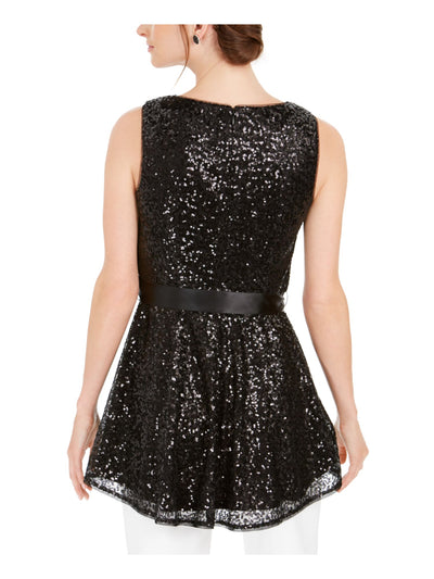 ADRIANNA PAPELL Womens Black Sequined Tie Sleeveless Jewel Neck Peplum Top 0