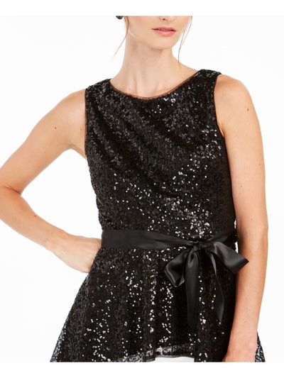 ADRIANNA PAPELL Womens Black Sequined Tie Sleeveless Jewel Neck Peplum Top 0