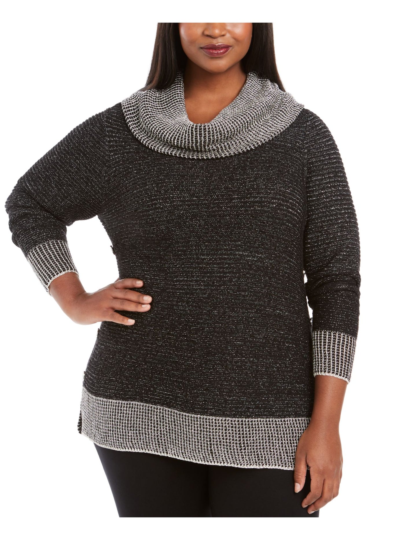 BELLDINI Womens Black Cotton Blend Metallic Metallic-threaded Button-trim Color Block Long Sleeve Cowl Neck Evening Sweater Plus 1X