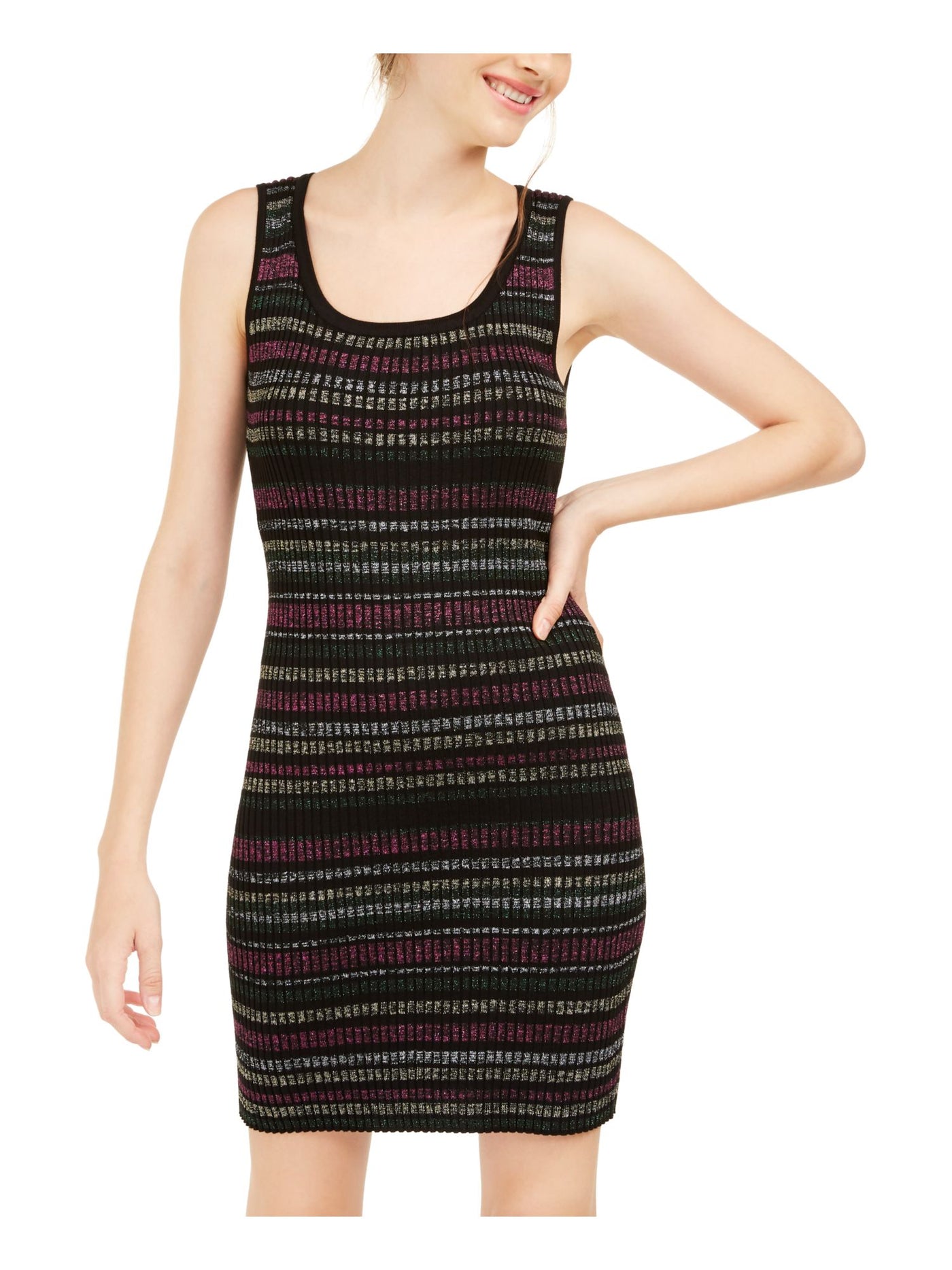 PLANET GOLD Womens Black Glitter Striped Sleeveless Scoop Neck Short Cocktail Sheath Dress 2XS