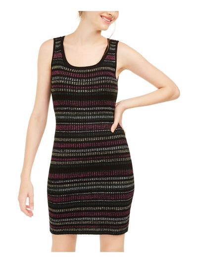 PLANET GOLD Womens Black Glitter Striped Sleeveless Scoop Neck Short Cocktail Sheath Dress 2XS