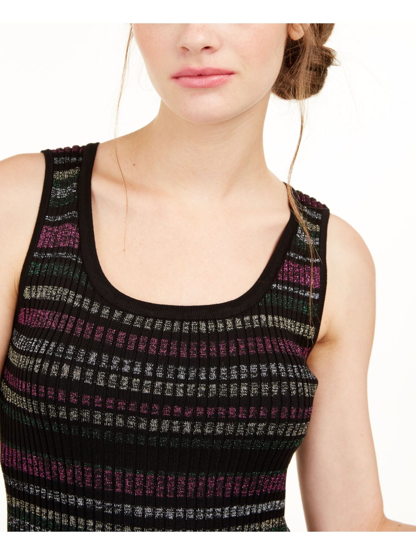 PLANET GOLD Womens Purple Glitter Striped Sleeveless Scoop Neck Short Cocktail Sheath Dress L
