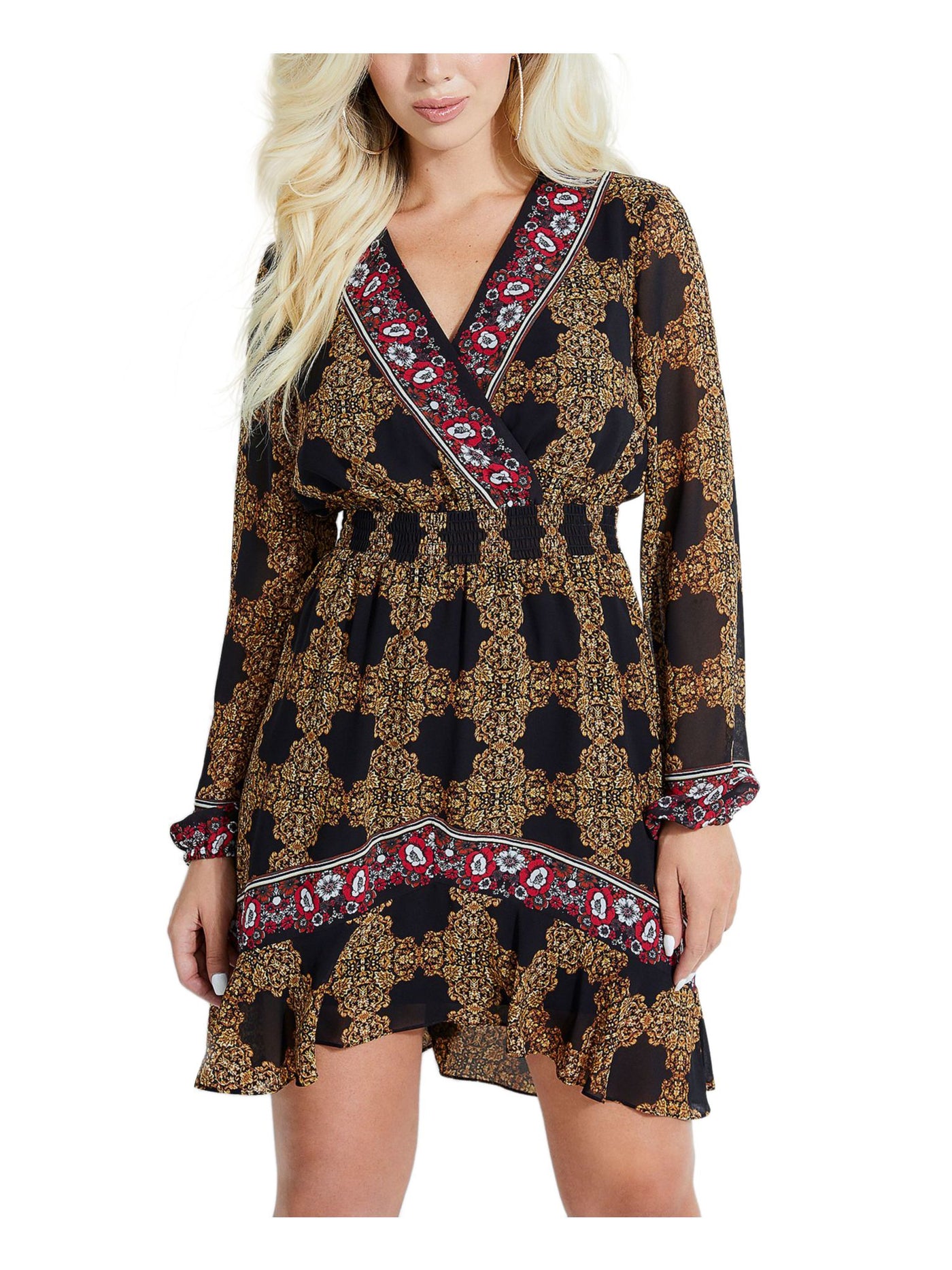 GUESS Womens Black Printed Long Sleeve Surplice Neckline Short Fit + Flare Dress XS