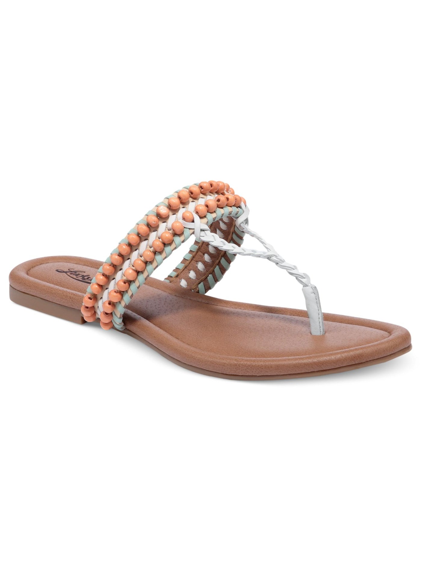 LUCKY BRAND Womens Pastel Beige Mixed Media Braided Beaded Padded Dollis Round Toe Slip On Leather Thong Sandals 5.5 M