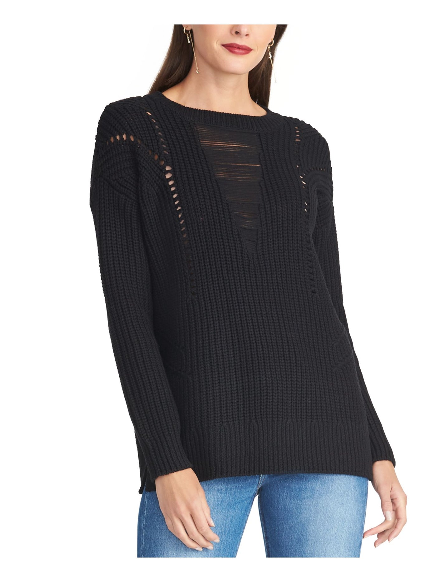 RACHEL ROY Womens Black Frayed Long Sleeve Jewel Neck T-Shirt XS