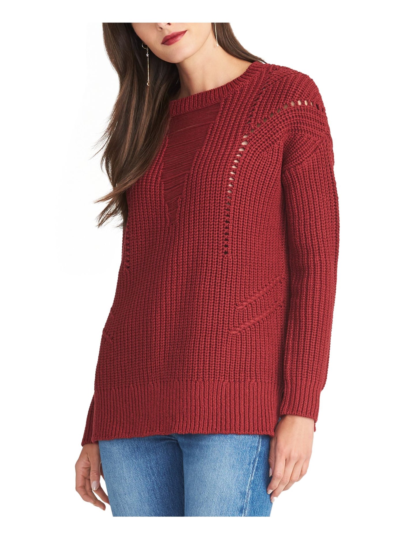 RACHEL ROY Womens Frayed Long Sleeve Jewel Neck T-Shirt