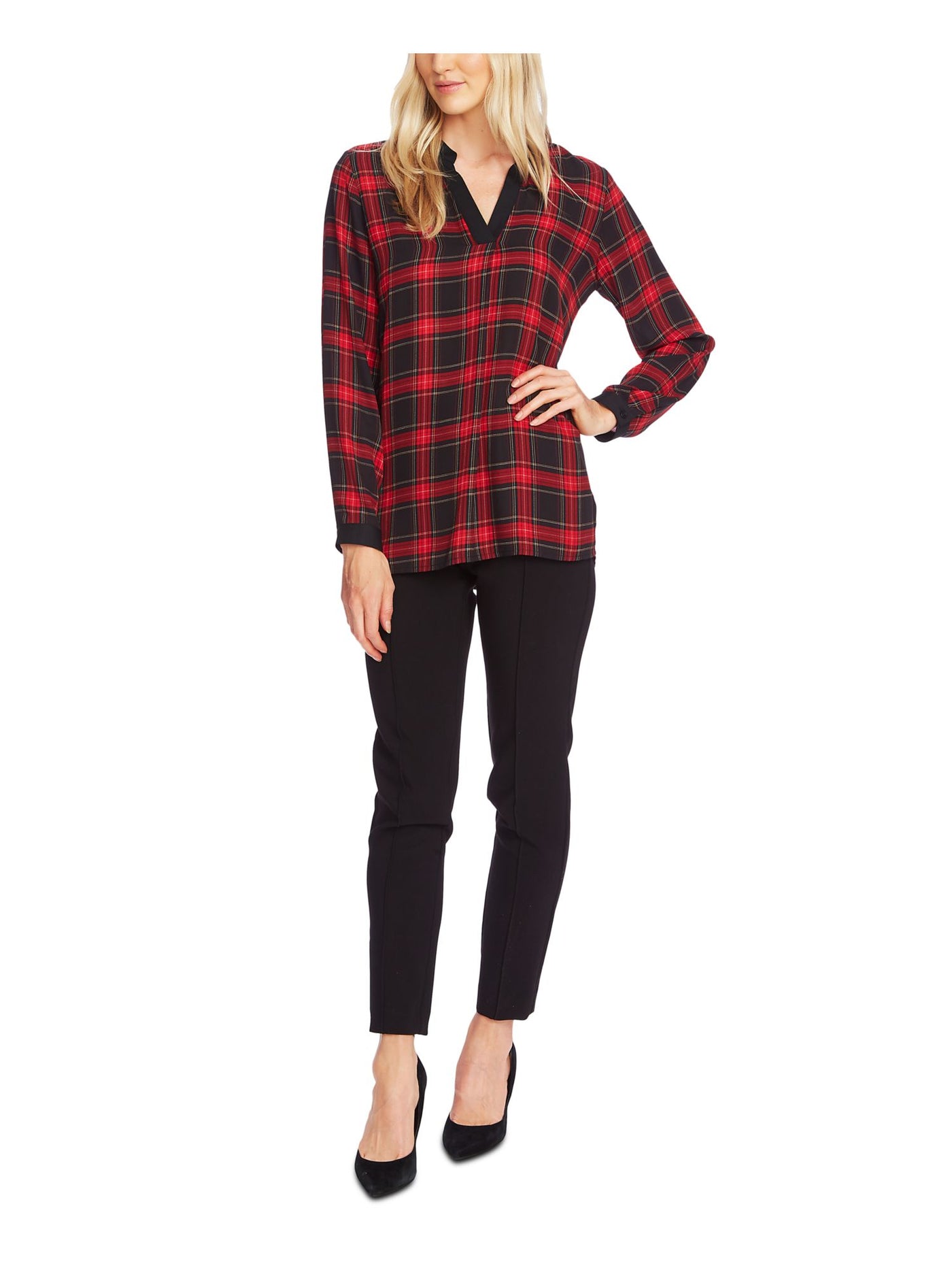 VINCE CAMUTO Womens Red Plaid Long Sleeve V Neck Blouse XXS