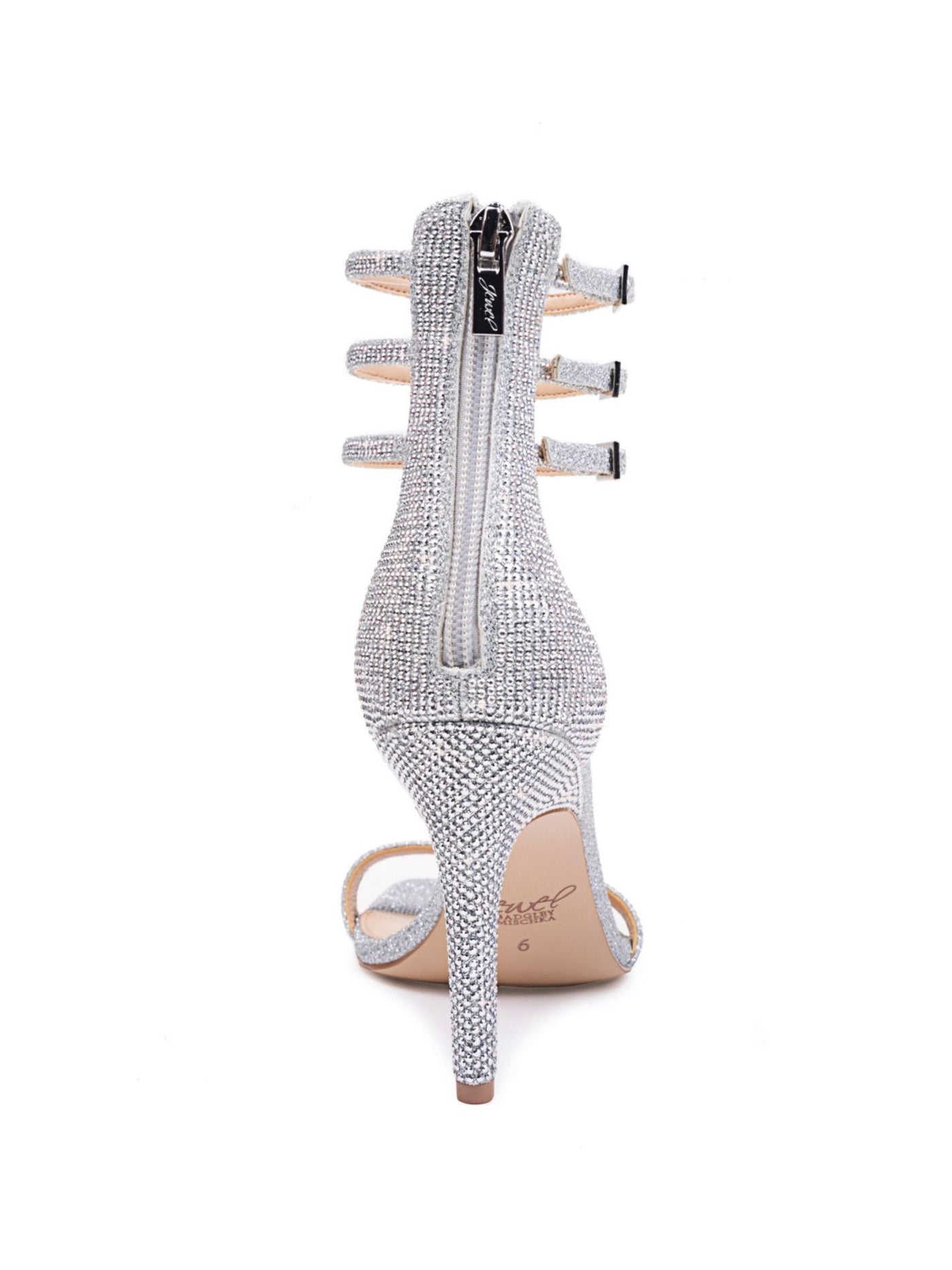 BADGLEY MISCHKA Womens Silver Rhinestone Buckle Accent Ankle Strap Regina Square Toe Stiletto Zip-Up Dress Sandals Shoes 6 M