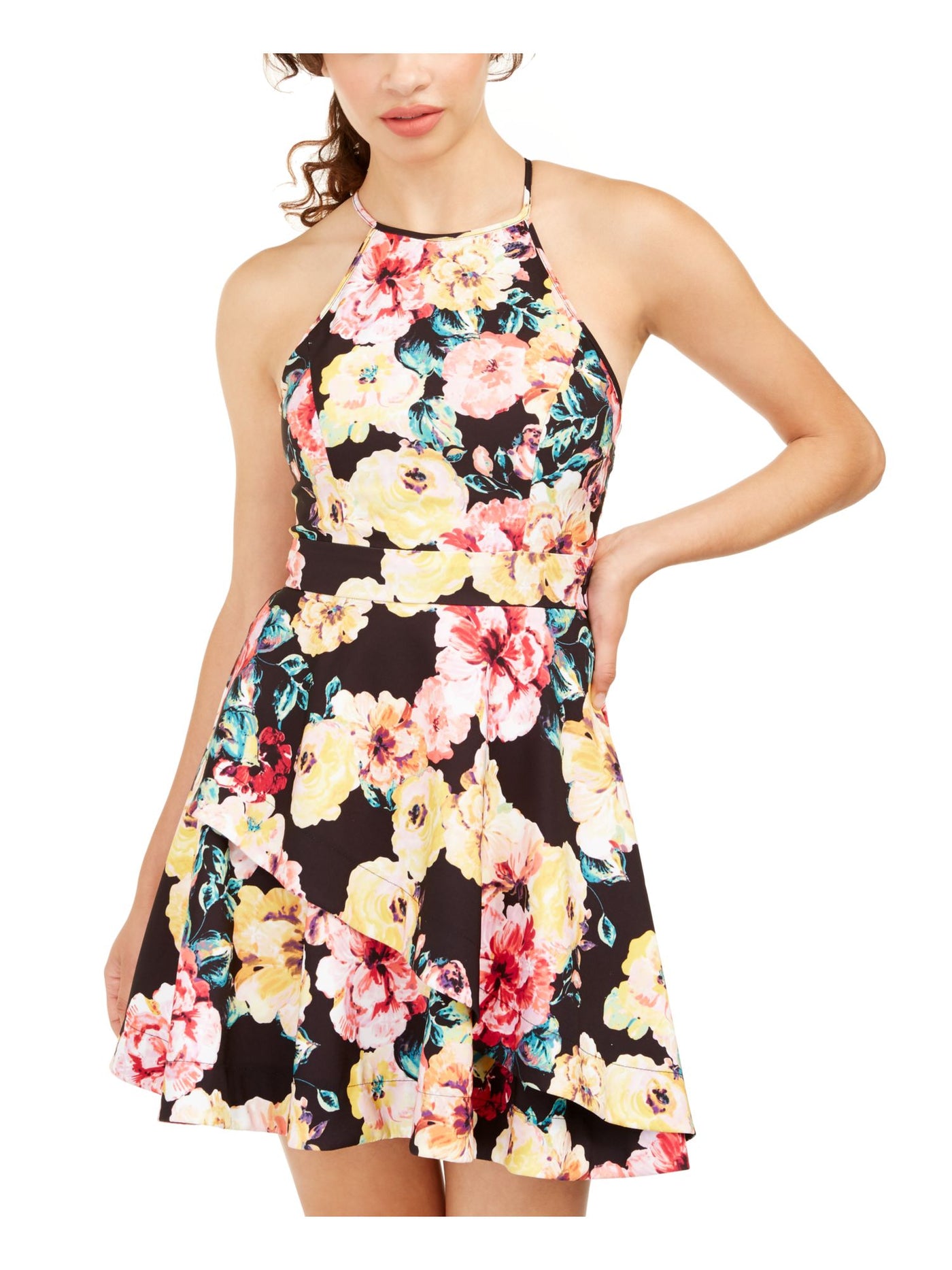 SPEECHLESS Womens Yellow Floral Sleeveless Halter Short Fit + Flare Dress 11