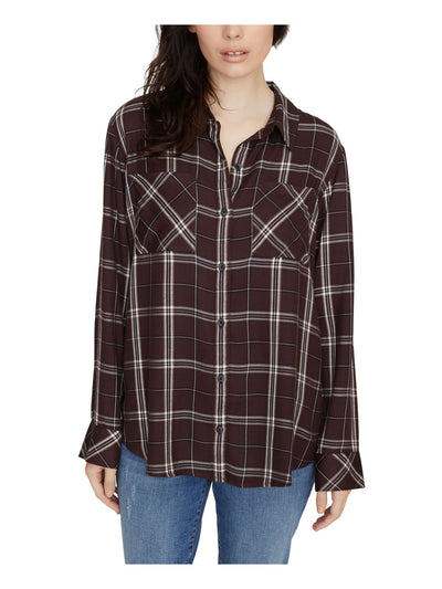 SANCTUARY Womens Burgundy Plaid Long Sleeve Collared Button Up Top XS