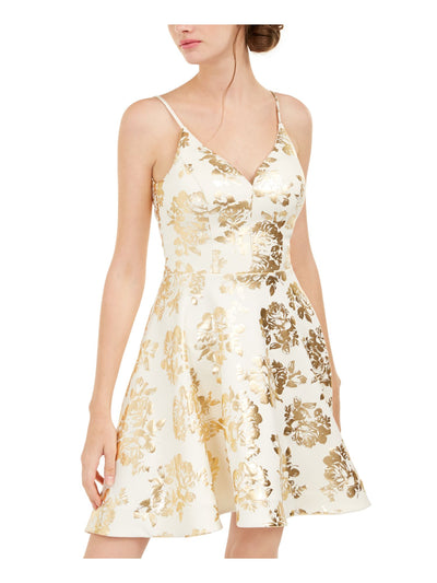 B DARLIN Womens Beige Zippered Floral Spaghetti Strap Sweetheart Neckline Above The Knee Party Fit + Flare Dress 15\16