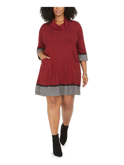 ROBBIE BEE Womens Knit Ribbed Pocketed Crochet Insets Unlined 3/4 Sleeve Cowl Neck Above The Knee Sweater Dress