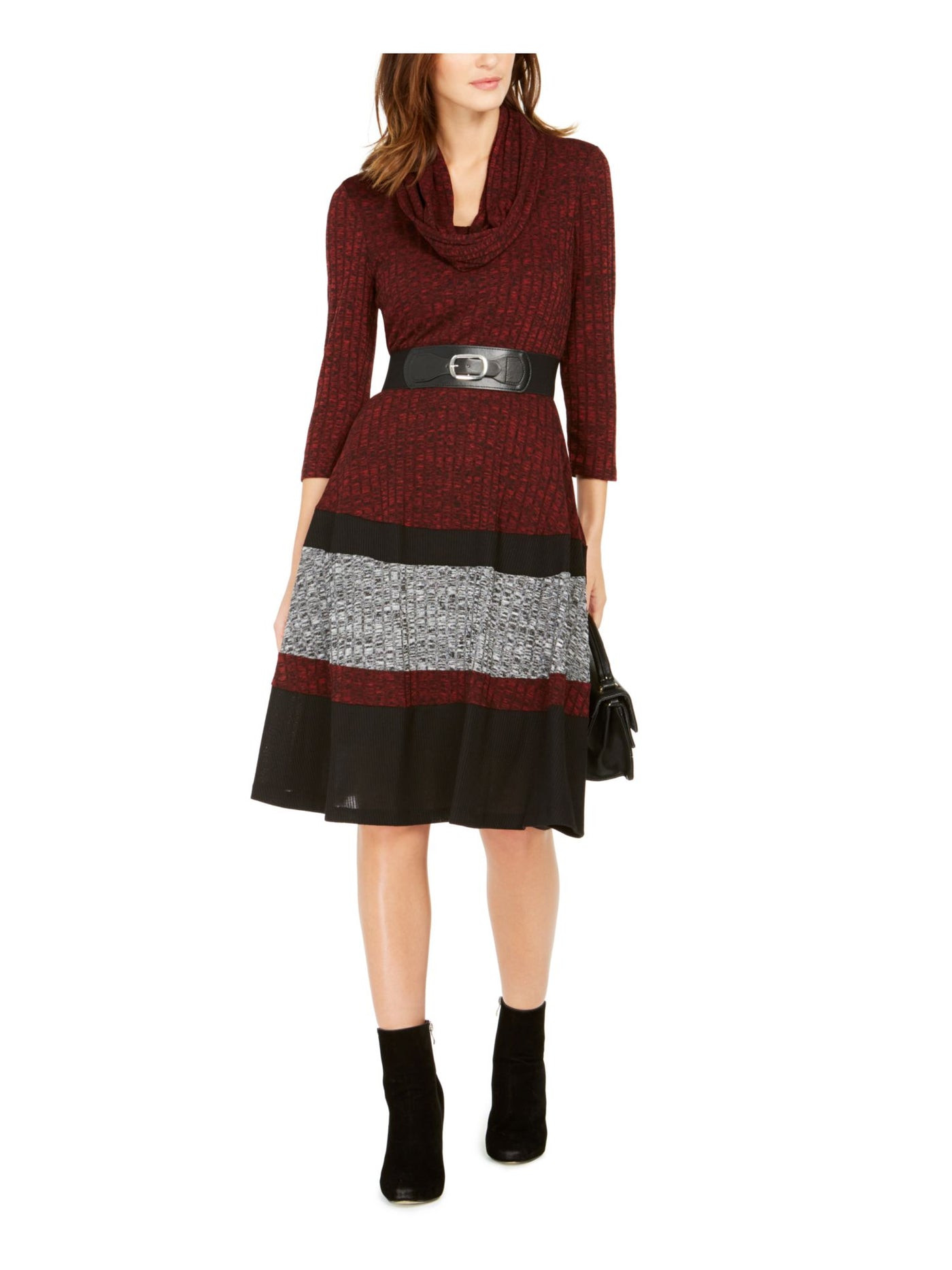 SIGNATURE BY ROBBIE BEE Womens Red Belted 3/4 Sleeve Cowl Neck Knee Length Fit + Flare Dress Petites PM