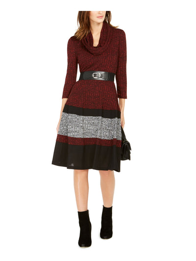 SIGNATURE BY ROBBIE BEE Womens Red Belted 3/4 Sleeve Cowl Neck Knee Length Fit + Flare Dress Petites PM