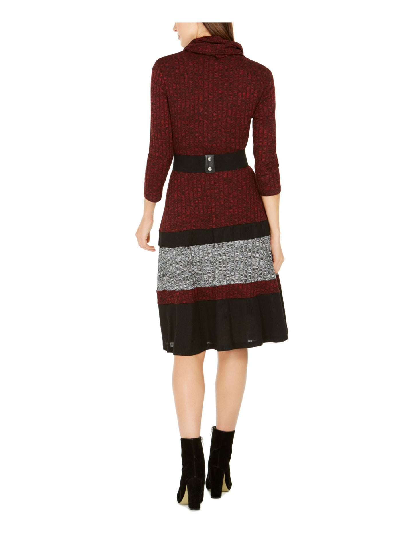 SIGNATURE BY ROBBIE BEE Womens Red Belted 3/4 Sleeve Cowl Neck Knee Length Fit + Flare Dress Petites PM