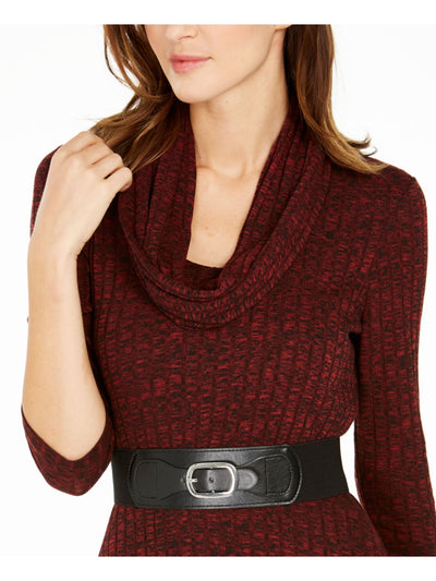 SIGNATURE BY ROBBIE BEE Womens Red Belted 3/4 Sleeve Cowl Neck Knee Length Fit + Flare Dress Petites PM