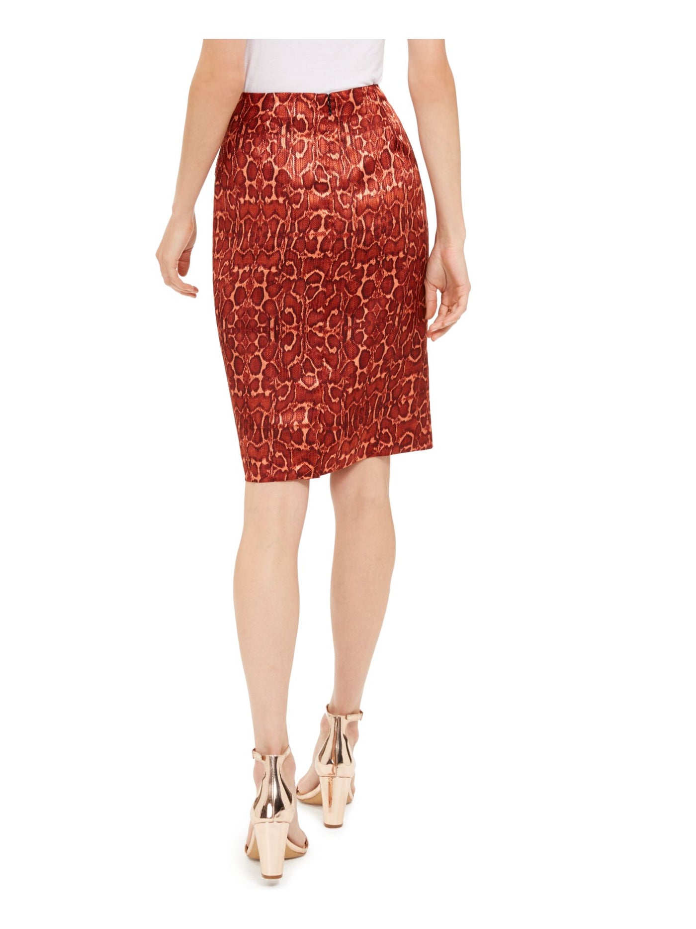 INC Womens Orange Zippered Twist Front Animal Print Knee Length Wear To Work Faux Wrap Skirt 8