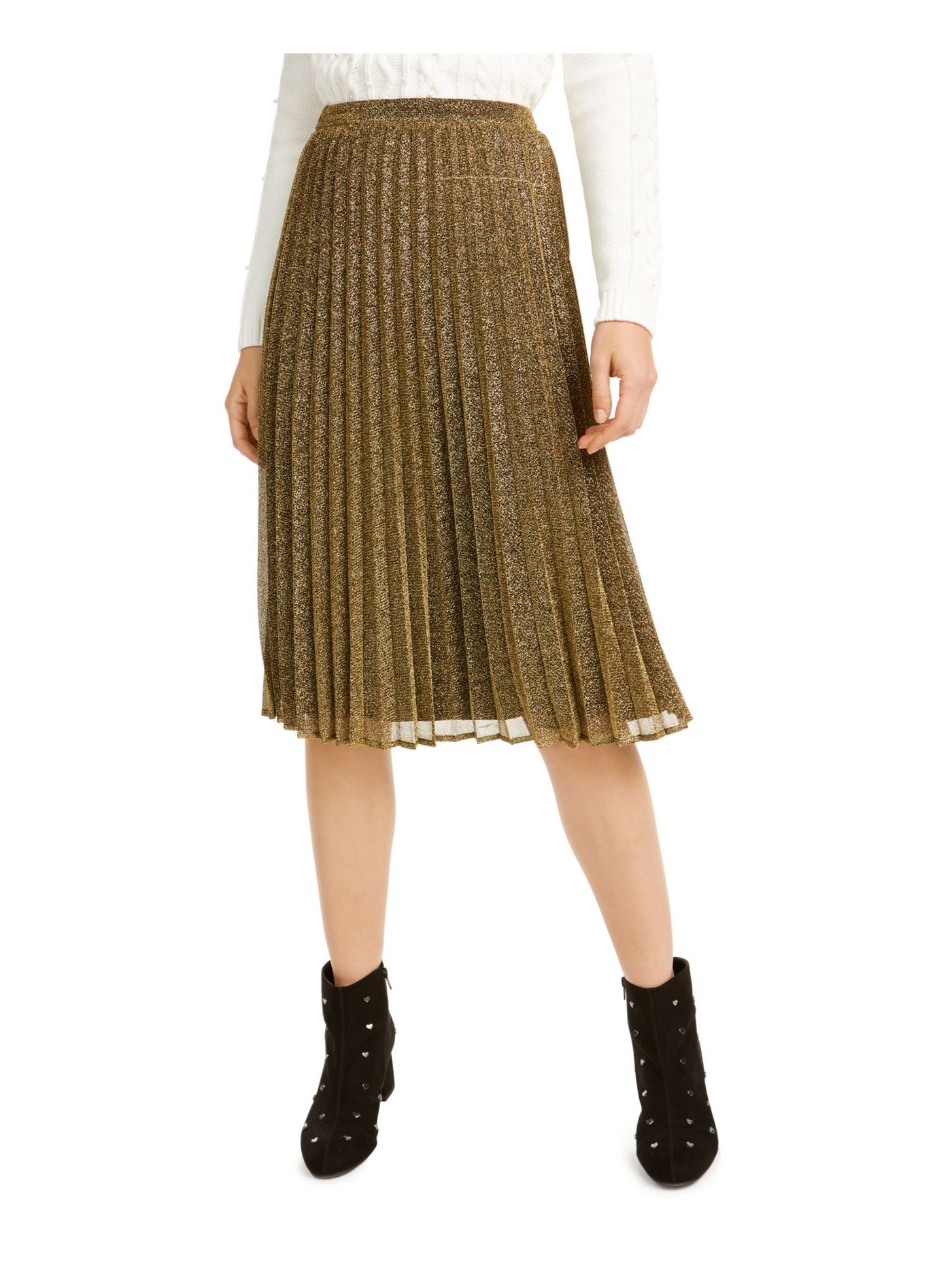 MAISON JULES Womens Gold Sequined  Stretch Band Below The Knee Knife Pleated Skirt XS