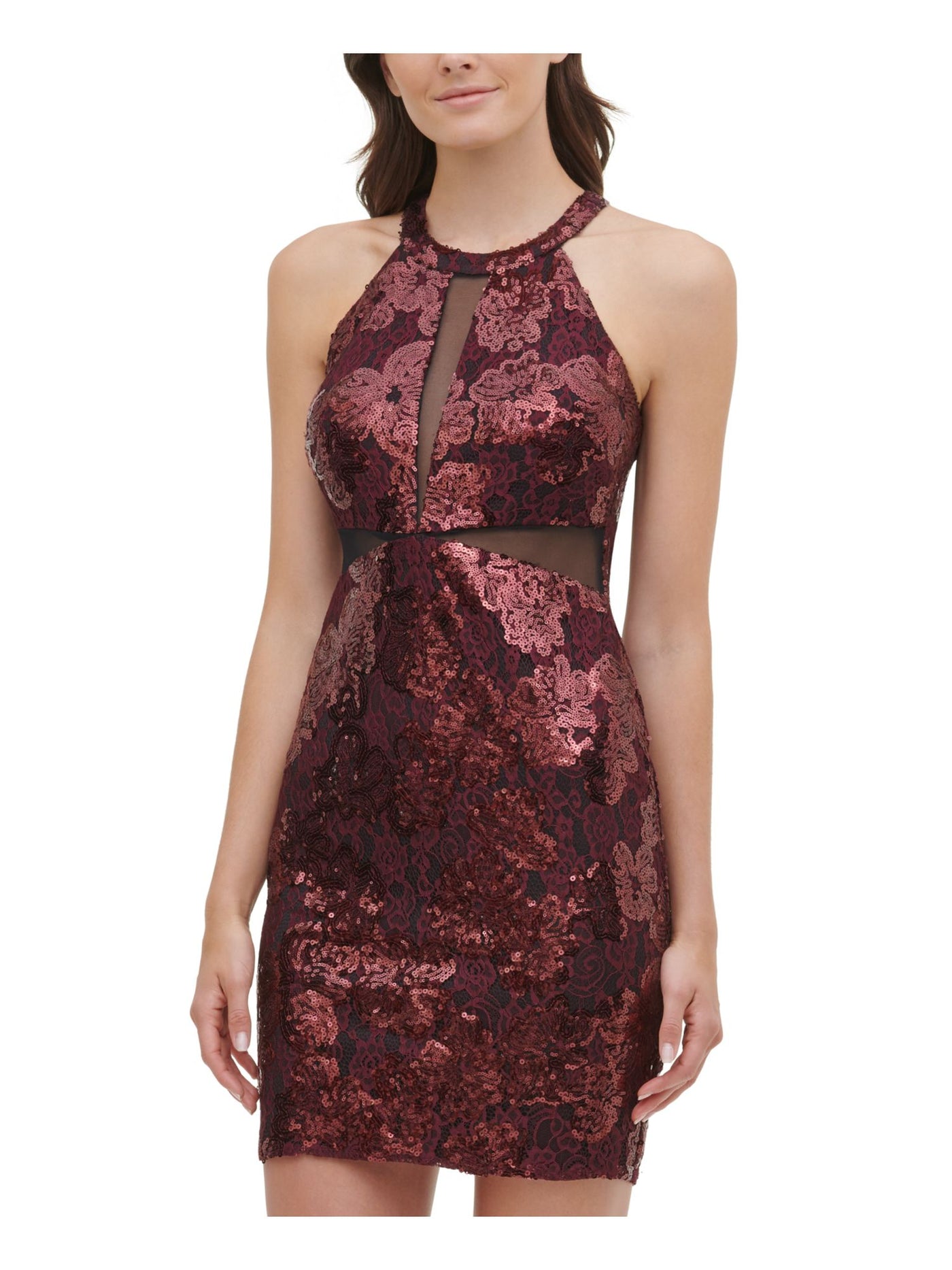 GUESS Womens Burgundy Sequined Zippered Zippered Sleeveless Halter Short Party Body Con Dress 2